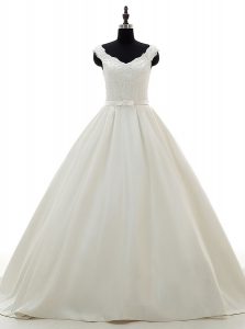 Lace and Belt Wedding Dress White Zipper Sleeveless Brush Train