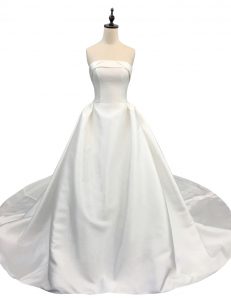 Popular With Train White Wedding Gown Satin Chapel Train Sleeveless Ruching