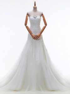 Ideal With Train Lace Up Wedding Dresses White for Wedding Party with Beading and Lace and Appliques Court Train