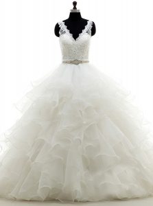 Hot Selling White Sleeveless Brush Train Beading and Lace and Ruffles With Train Wedding Gowns