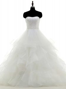 Custom Designed Organza Strapless Sleeveless Clasp Handle Beading and Ruffles Wedding Dress in White