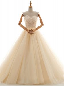 Sleeveless Tulle Floor Length Lace Up Bridal Gown in Champagne with Lace