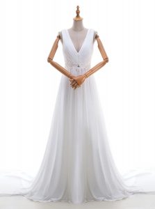 Exceptional Brush Train Empire Bridal Gown White V-neck Chiffon Sleeveless With Train Zipper