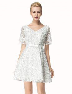 White Lace Zipper Evening Dress Short Sleeves Mini Length Sashes ribbons