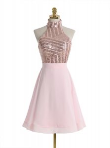Baby Pink Chiffon Backless Halter Top Sleeveless Knee Length Evening Dress Sequins