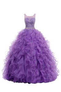 Decent Straps Purple Sleeveless With Train Beading and Belt Zipper Prom Dresses