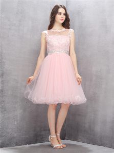 New Style Scoop Pink Sleeveless Beading and Appliques Knee Length Prom Evening Gown