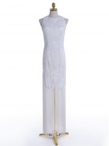 Fashion White Chiffon Zipper Scoop Sleeveless Floor Length Prom Evening Gown Beading