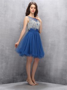 Navy Blue Tulle Zipper Scoop Sleeveless Knee Length Prom Party Dress Beading
