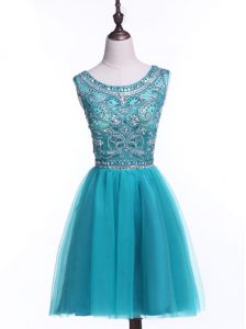 Hot Selling Scoop Teal Tulle Zipper Dress for Prom Sleeveless Mini Length Beading and Sequins