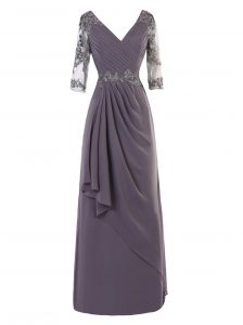 Spectacular V-neck Long Sleeves Prom Gown Floor Length Beading and Appliques and Ruching Grey Chiffon