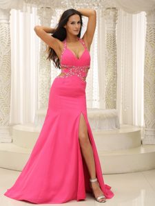 Brand New Halter High Slit Prom Nightclub Dress in Hot Pink
