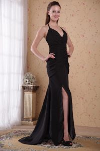 Sexy Sheath Halter High Slit Black Prom Nightclub Dress with Brush Train