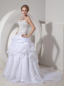 Strapless Court Train Organza Wedding Dresses with Beading and Flowers