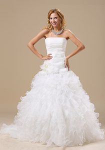 Sweet Flowers Court Train Organza Semi-formal Wedding Dress with Ruffles