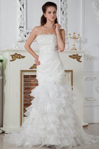 White Strapless Mermaid Wedding Dress with Ruffled Layers and Embroidery
