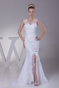 Romantic Mermaid V-neck Wedding Dress for Women with High Slit for 2014