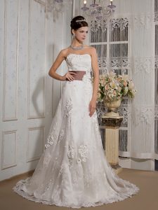 White Appliqued Strapless Dress for Church Wedding with Brown Sash in 2013
