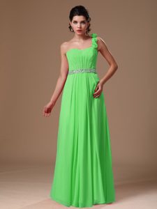 One Shoulder Long Green Ruched Beaded Evening Dresses with Flowers