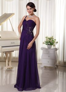 One Shoulder Ruched Dark Purple Evening Dresses with Appliques