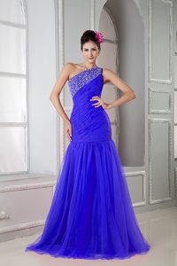 Dramatic Mermaid One Shoulder Evening Dress in Royal Blue with Beading