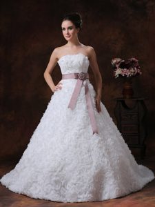 Strapless Princess Floral Embossed Wedding Dress with Brown Sash