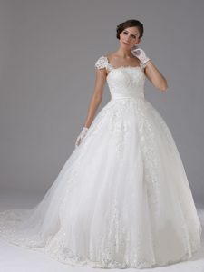 Special Straps White Ball Gown Tulle Wedding Dresses with Appliques