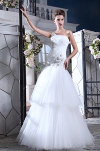 White Long One Shoulder Tulle Wedding Dress with Ruching and Appliques