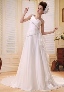 One Shoulder Simple Church Wedding Dresses with Flowers and Ruche
