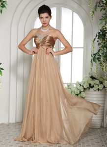 Maxi Champagne Chiffon Sweetheart Ruche Beaded Prom Celebrity Dress