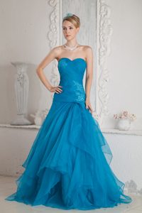 Sweetheart Long Sky Blue Ruched Prom Pageant Dresses with Appliques