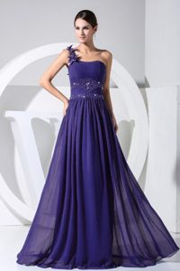 Dark Purple One Shoulder Long Prom Dress with Beading and Flowers