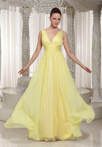 Light Yellow V-neck Straps Long Ruched Chiffon Prom Dress for Cheap