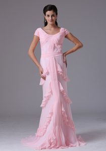 Scoop Short Sleeves Flounced Baby Pink Ruched Prom Party Dress