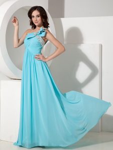 One Shoulder Aqua Blue Ruched Beaded Prom Dress with Bowknot