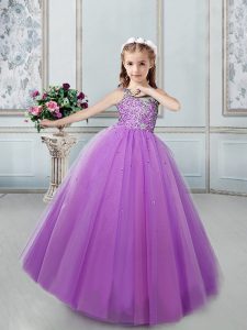 Decent Lilac Lace Up Scoop Beading Pageant Dress for Teens Tulle Sleeveless
