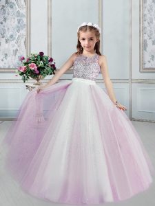 Cute Scoop Sleeveless Tulle Floor Length Lace Up Pageant Gowns For Girls in Lilac with Beading