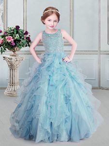 Scoop Light Blue Sleeveless Floor Length Beading and Ruffles Zipper Little Girls Pageant Dress Wholesale