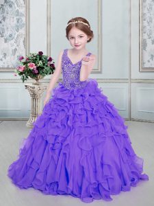 Fantastic Eggplant Purple Ball Gowns Organza V-neck Sleeveless Beading and Ruffles Floor Length Lace Up Pageant Dresses