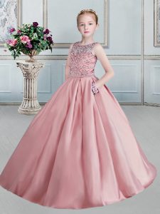 Flare Taffeta Scoop Sleeveless Lace Up Beading Kids Formal Wear in Pink
