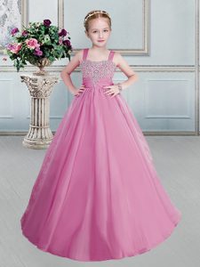 Straps Sleeveless Lace Up Pageant Gowns For Girls Rose Pink Organza