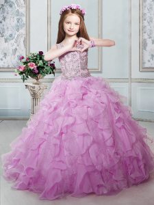 Floor Length Lilac Little Girl Pageant Gowns Organza Sleeveless Beading and Ruffles