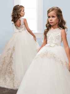 Brush Train Ball Gowns Child Pageant Dress White Scoop Tulle Sleeveless With Train Zipper