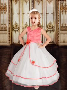 Sexy Asymmetric Sleeveless Little Girl Pageant Dress Floor Length Beading and Ruffled Layers White Tulle