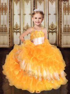 Smart Gold Organza Lace Up Pageant Dress Sleeveless Floor Length Ruffles