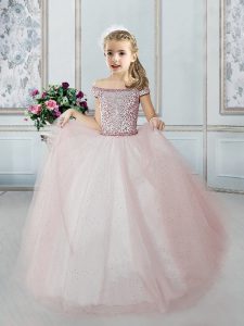 Graceful Off The Shoulder Cap Sleeves Lace Up Winning Pageant Gowns Pink Tulle