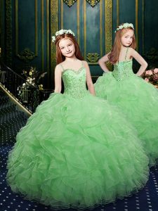 Flirting Floor Length Green Glitz Pageant Dress Spaghetti Straps Sleeveless Lace Up
