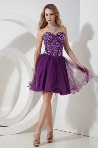 New Sweetheart Mini-length Dark Purple Tulle Homecoming Dress with Beading