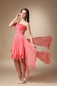 Chic Watermelon Ruched Strapless Asymmetrical Beaded Chiffon Prom Dresses