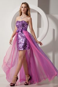 Sweetheart Hi-lo Two-toned Purple Sequin and Chiffon Prom Dress with Bow